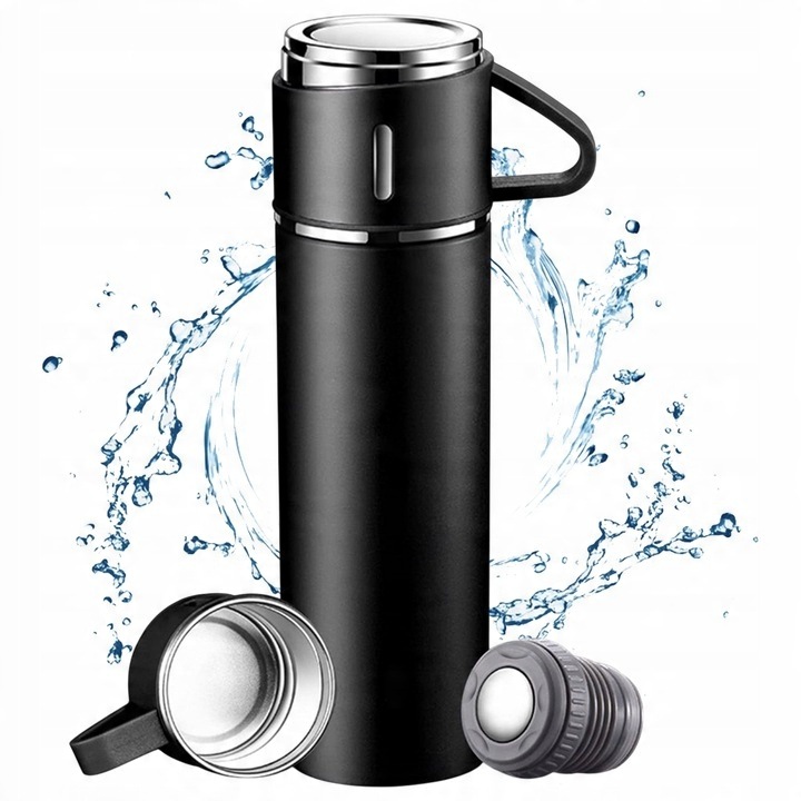 Termos 500ml negru izolatie dubla inox fara BPA cu maner antiderapant