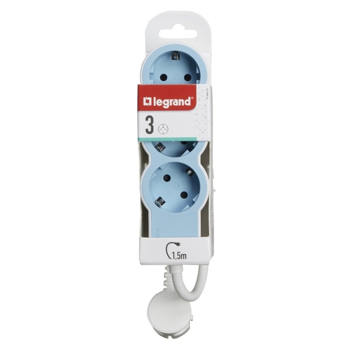 Разклонител Legrand, 3 контакта, сечение на кабела 3x1,5mm, кабел 1,5 м, Бял/Син
