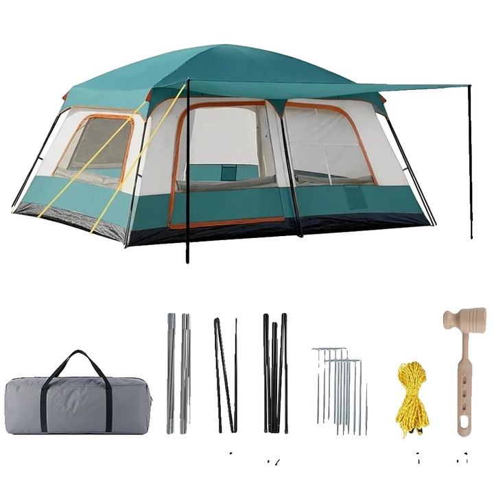 Cort camping, doua compartimente, rezistent la apa, verde, 600D Oxford