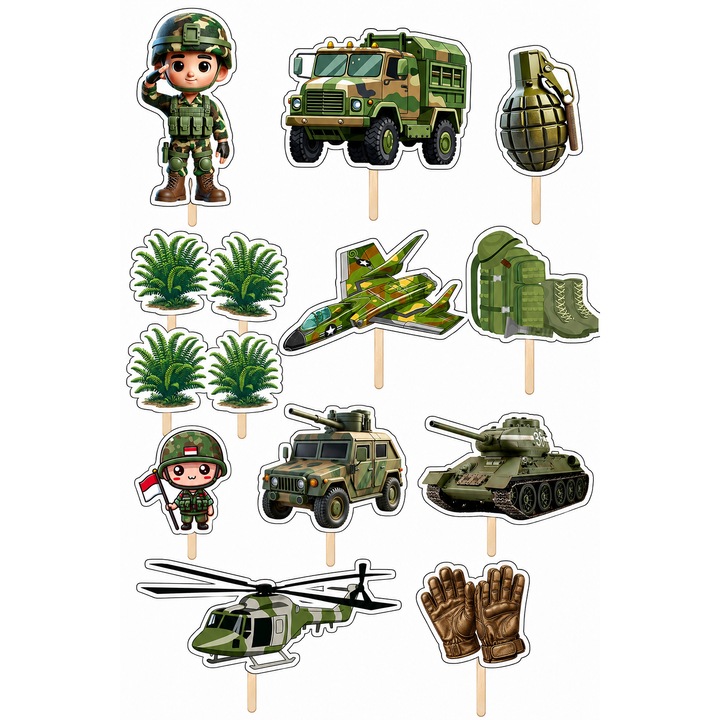 Set toppere tort Armata, DecoParty, 13 figurine, carton, suporti din lemn inclusi