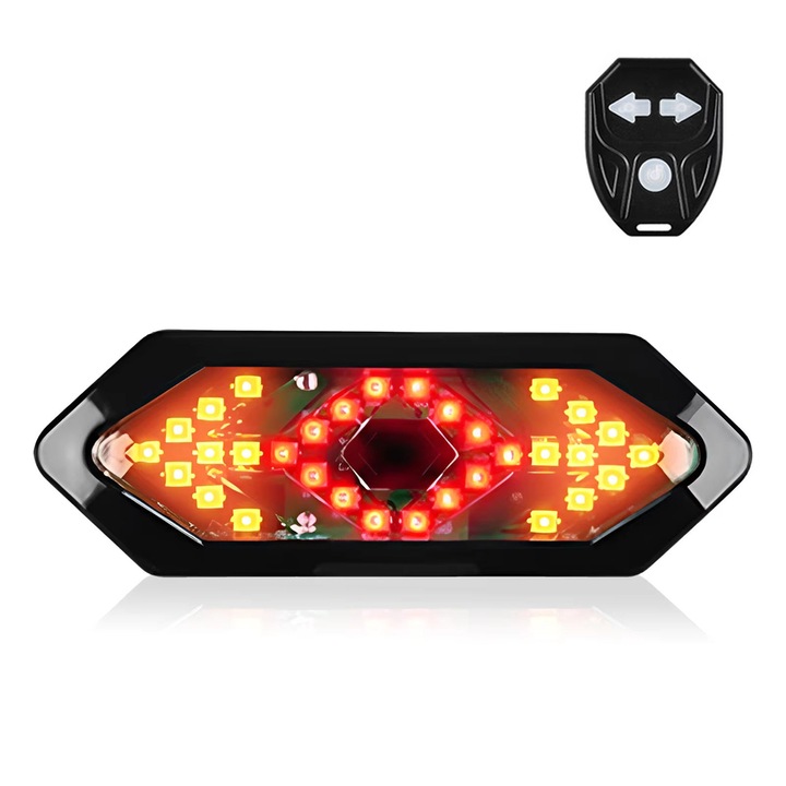 Vezeték nélküli távirányítós kerékpár hátsó lámpa, USB újratölthető irányjelző, piros-fekete 9.4x3.4x2.6cm