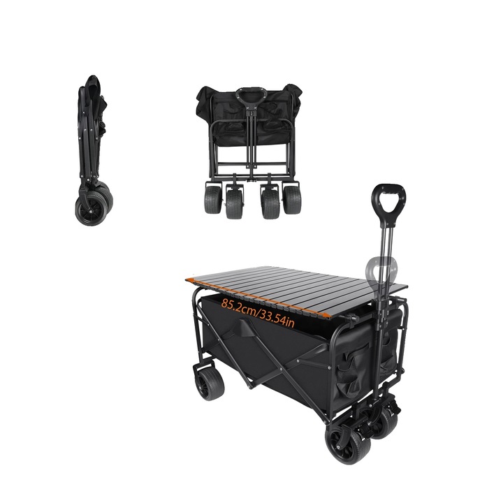 Carucior pliabil, otel aliaj, negru, 75kg, roti pivotante 360°, 600D Oxford, dimensiuni generoase