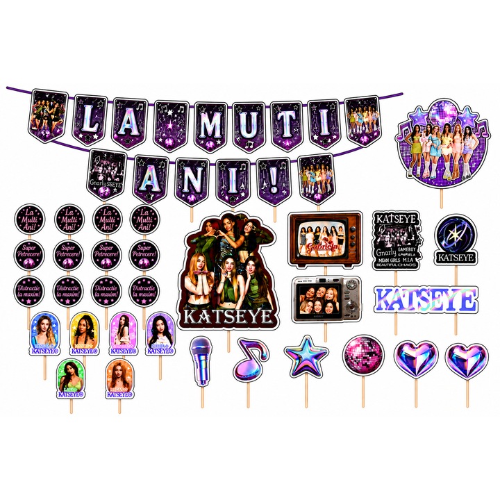 Set Petrecere Personalizat KATSEYE 29 piese – Ghirlanda, Toppere Tort, Tag-uri Candy Bar si Diploma Aniversara, Decor Complet pentru Petrecere