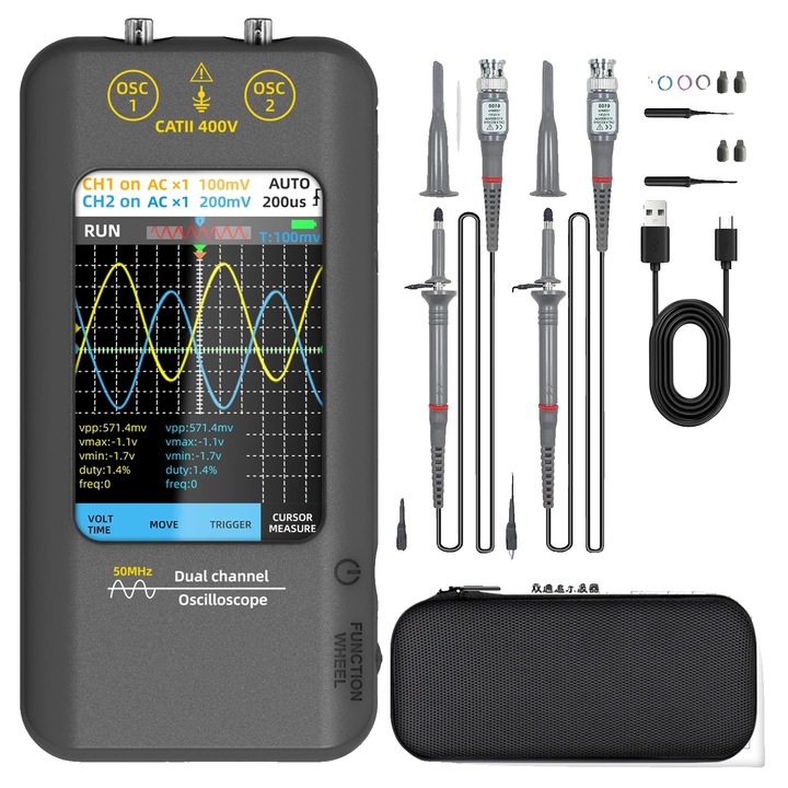 Osciloscop portabil dual canal 50 MHz ecran tactil 3.98 inch acumulator integrat