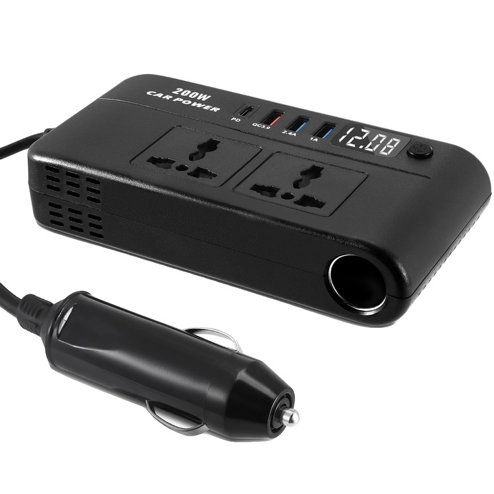 Autós inverter, 200W, USB-A és USB-C, LED kijelző, kompakt