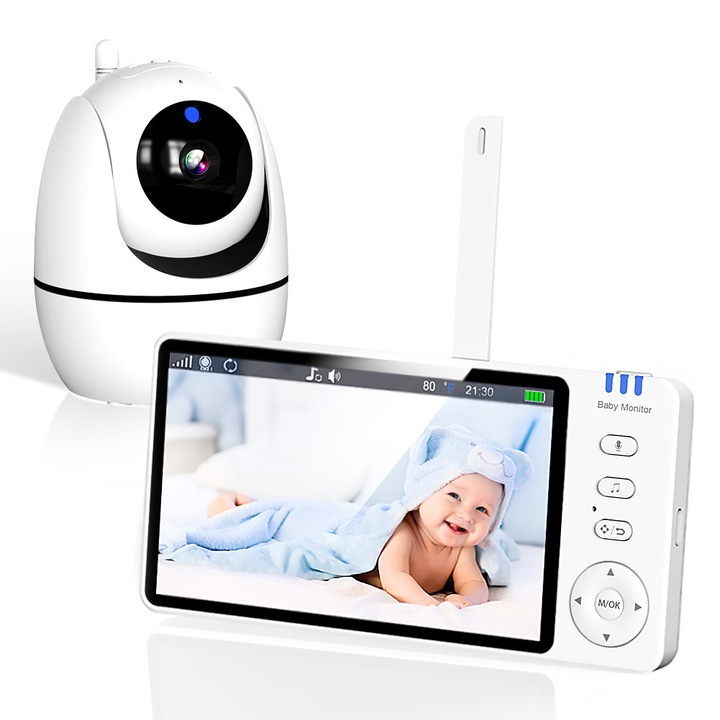 Bébiőr 5" 720P FHSS WiFi nélküli 3500mAh akkumulátor VOX mód Pan Tilt Éjszakai látás Kétirányú hang Bölcsődalok