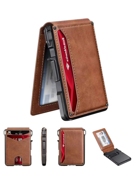 Slim pénztárca, PU bőr és alumínium, RFID blokkolás, barna, 27x10.6cm
