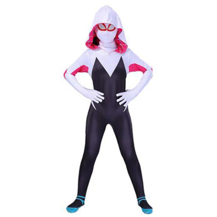 Детски костюм Spider Gwen Stacy Halloween, гащеризон, полиестер, размери XS-XL, бяло-червено-черно