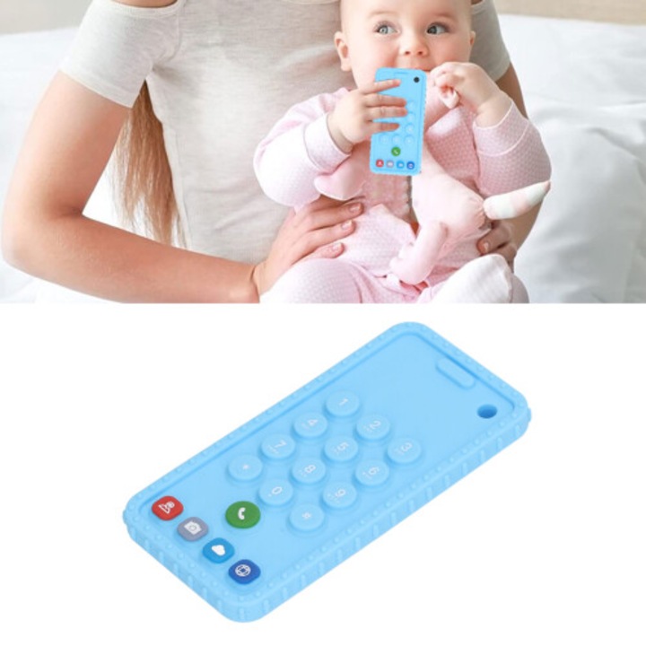 Jucarie dentitie silicon albastru telefon senzorial pentru bebelusi