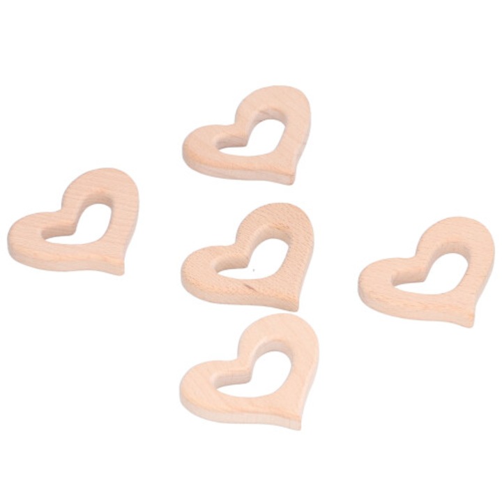 Set 5 accesorii din lemn pentru dentitie, inima, natural, 5 piese