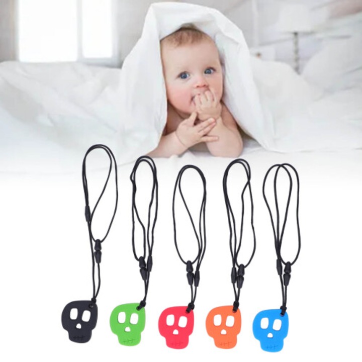 Colier senzorial pentru mestecat, set 5 bucati, silicon, craniu, multicolor