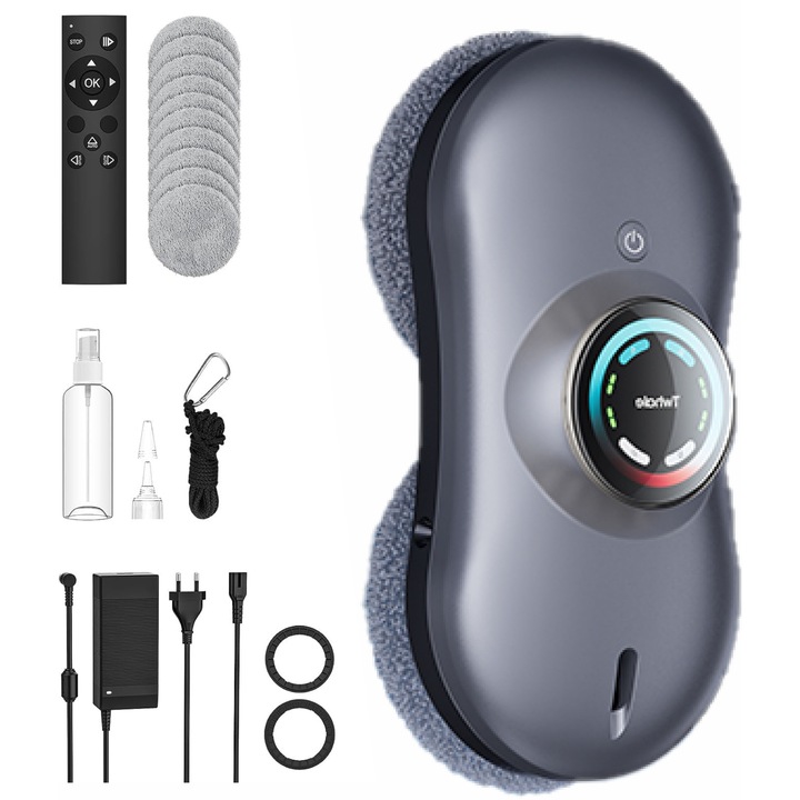 Robot inteligent multifunctional spalat geamuri cu stropire dubla apa, aspiratie 2800Pa, navigatie inteligenta AI si detectare margini automat, compatibil diverse tipuri de suprafete vitrate, 5M