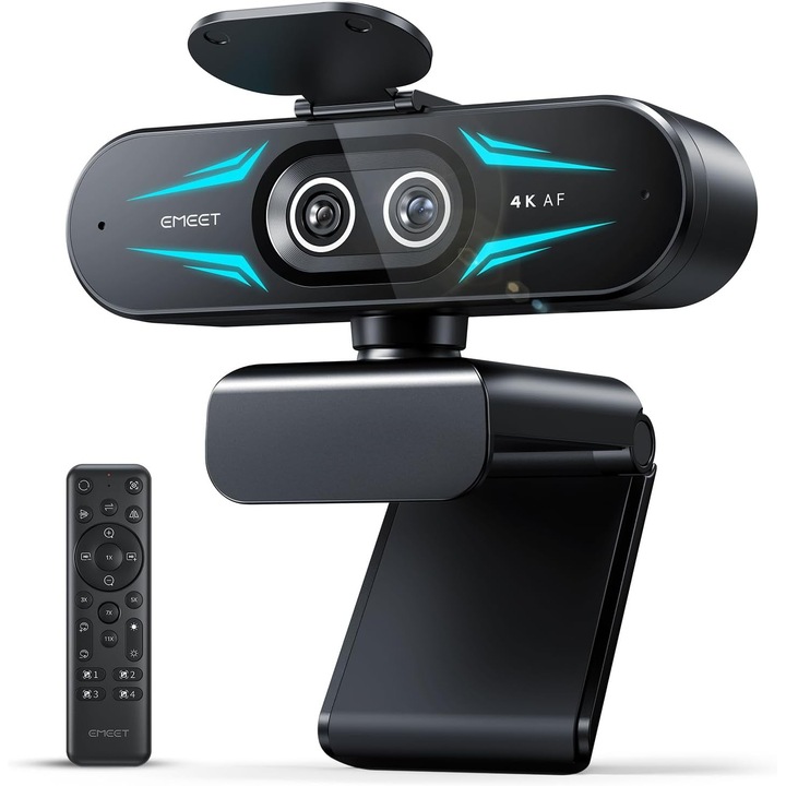 Webcam EMEET C60E Dual 4K, Dual Camera Wide Angle & Telephoto, Zoom Hibrid 11X, PDAF Auto Focus, Telecomanda, Iluminare RGB, 2 Microfoane, USB, Negru