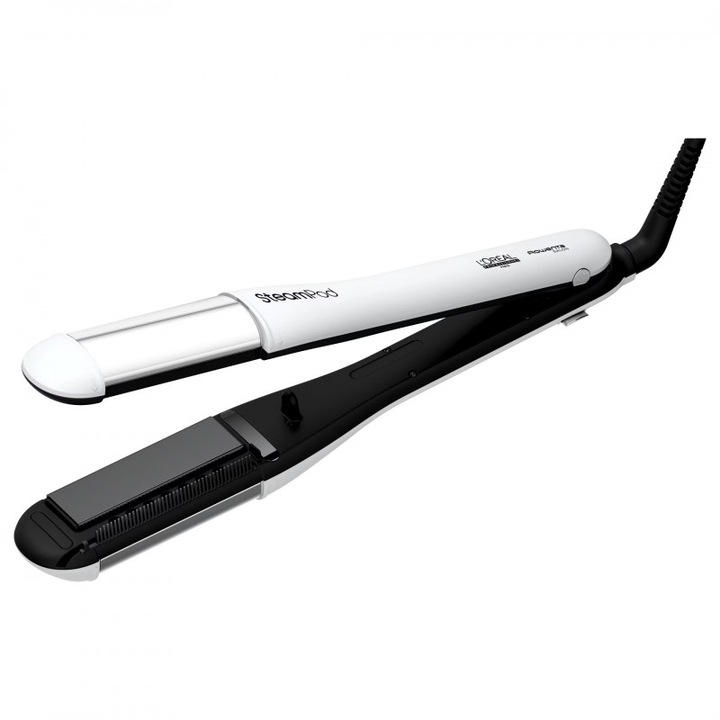 Преса за коса L'Oreal Professionnel SteamPod 4.0, 165W, 0.8 г/мин, Вграден воден резервоар, Въртящ се кабел, До 210C, Бял/Черен