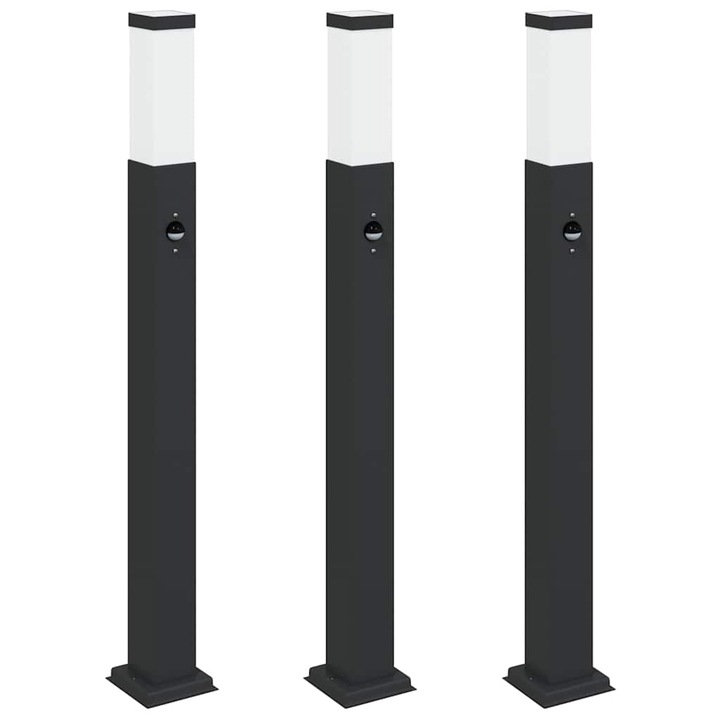 Осветителни стълбове с датчик vidaXL, 3 бр., 80 см, черни, IP44