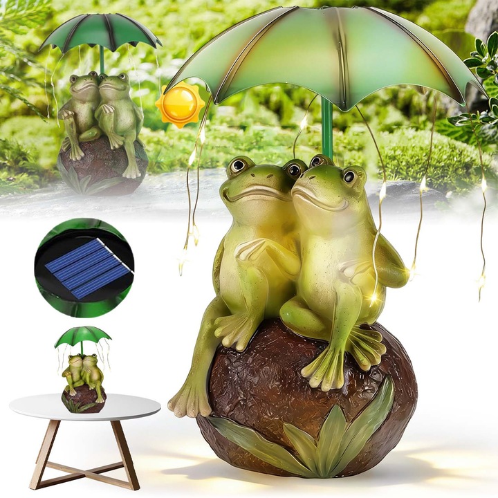Napelemes béka figura esernyővel és LED lámpákkal, 400mAh, Napenergia, 5-6 órán keresztül működhet, Fénnyel vezérelt kapcsoló, Eső és nap elleni védelem, Alkalmas udvarokba, pázsitokra, tavakba, medencékbe vagy kertekbe való elhelyezésre
