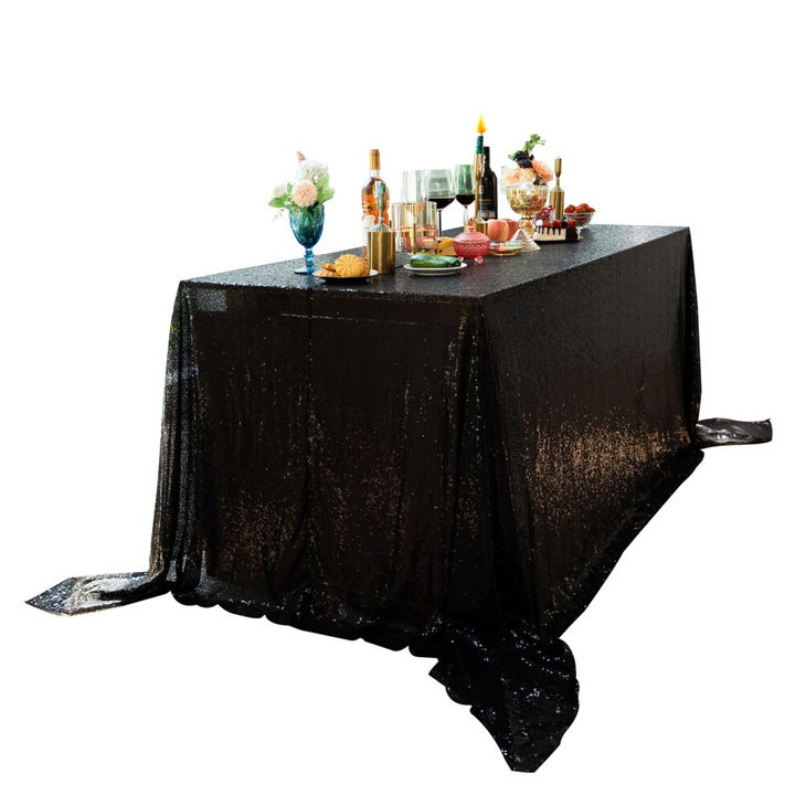 Fekete flitteres asztalterítő, 130x200cm, univerzális, poliészter