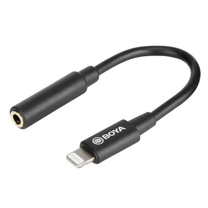 Boya by-k3 audió adapter kábel, 3.5mm jack aljzat - lightning, 6cm, fekete, kompatibilis: iPhone 14 Plus / 14 Pro Max / 14 Pro