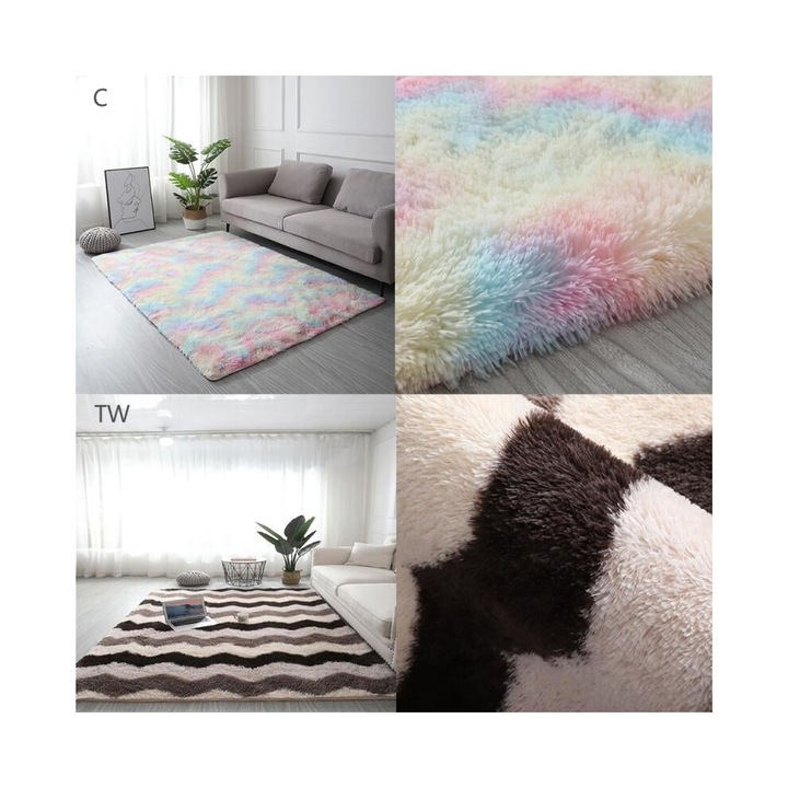 Covor pufos dreptunghiular 120x180cm gri alb, moale antiderapant pentru copii