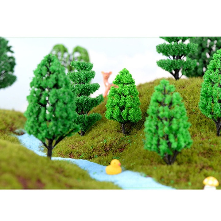 Set 10 copaci miniatura, verde, plastic, 6x5x5cm, decor micropeisaj
