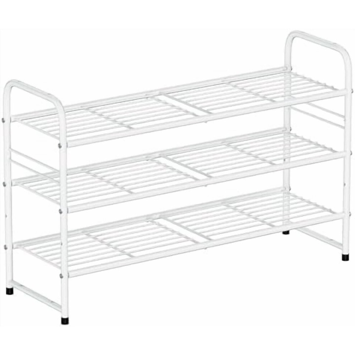 Fém cipőtartó állvány, 3 szintes, fehér, 84x30x41cm, 12-15 pár kapacitás, egymásra rakható