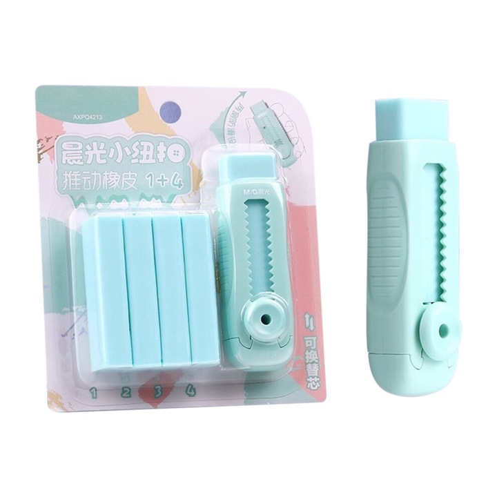 Radiera retractabila cu mecanism glisant si 4 rezerve, multicolor, 10x2cm