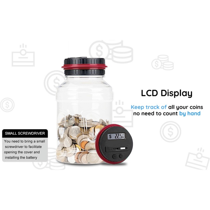 Pusculita digitala cu contor LCD, capacitate 2.5L, ABS, transparenta, 11.5x11.5x20cm