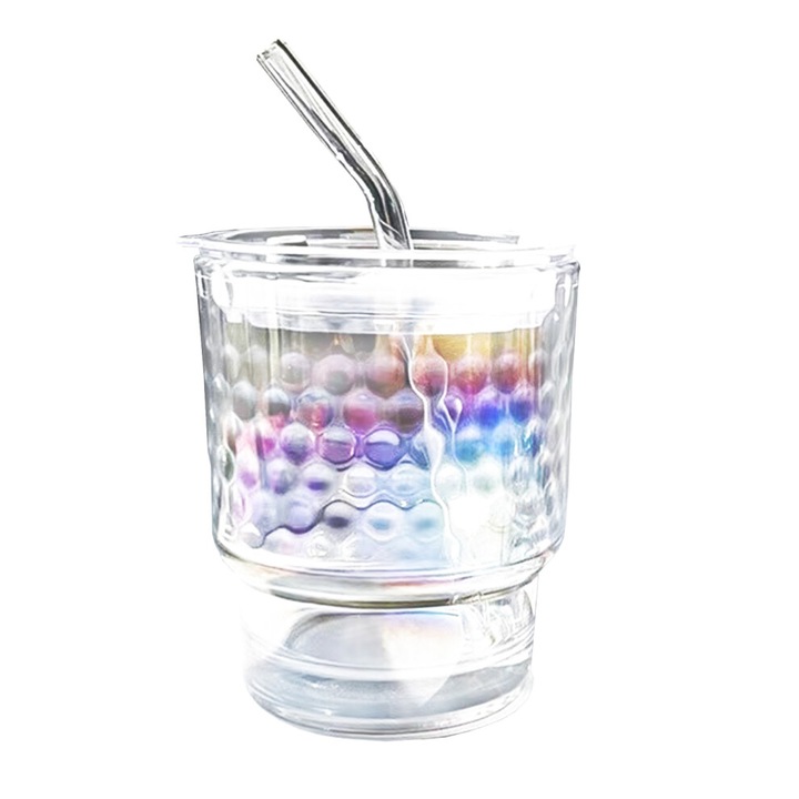 Boroszilikát üvegpohár szívószállal és tetővel, többszínű, 450ml