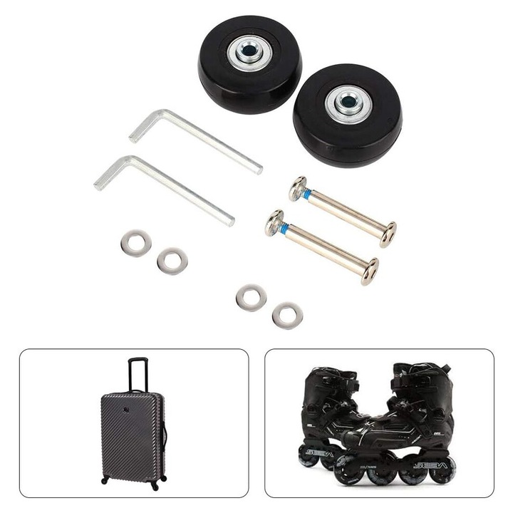 Kit reparatie roti troler 50mm, set roti pentru valiza, usor de instalat, cu rulmenti si axe incluse, negru, 2 bucati