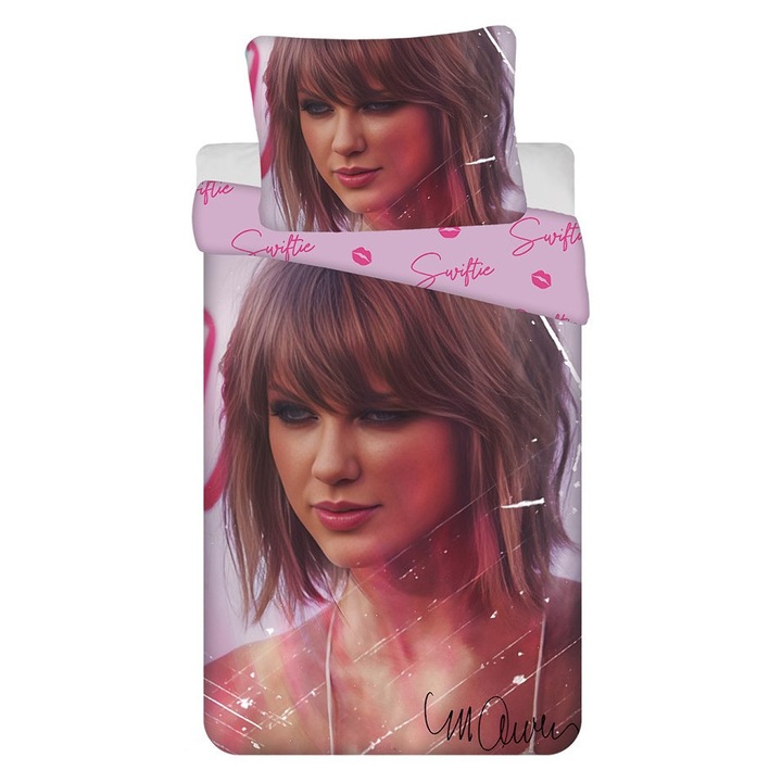 Set de lenjerie de pat din bumbac 140x200 Swiftie Szybki, fata de perna roz 70x90 JF24