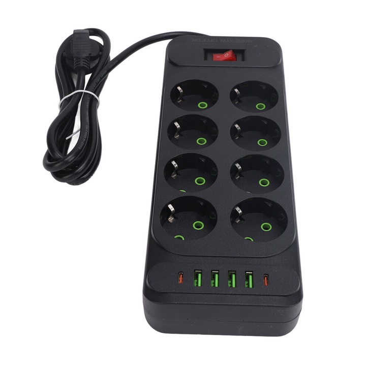 Prelungitor 8 prize, 6 USB, comutator, negru, 28x10.5x3.7cm