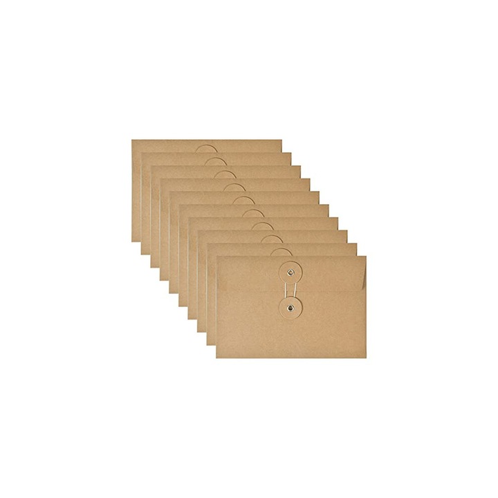 Kraft papír borítékok, 17x11.5cm, barna, 10 darabos szett, újrafelhasználható, zsinóros és gombos záródás