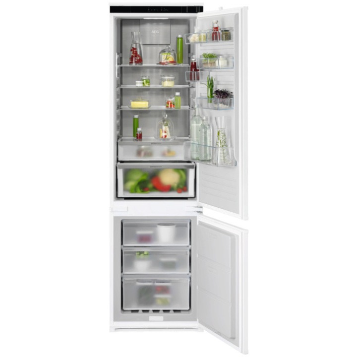 Combina frigorifica incorporabila AEG NSC8M192DS, 269 l, Seria 8000, No Frost, Multiflow, Usa reversibila, Control electronic, Semnal acustic, clasa D, H 189 cm
