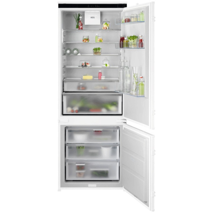 Combina frigorifica incorporabila AEG NSC8T751DS, 375 l, Seria 8000, No Frost, Multiflow, Usa reversibila, Control electronic, Semnal acustic, clasa D, H 189 cm