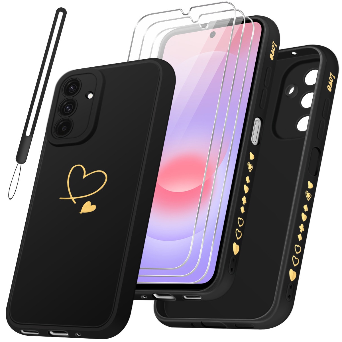Husa compatibila cu Samsung Galaxy A27 5G cu 3 folii de protectie din sticla securizata, carcasa moale din TPU Negru