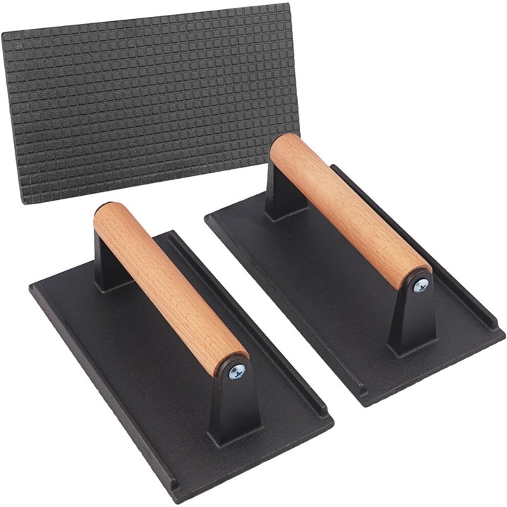 Set 3 piese presa gratar fonta cu maner lemn, 21x11cm, greutate mare