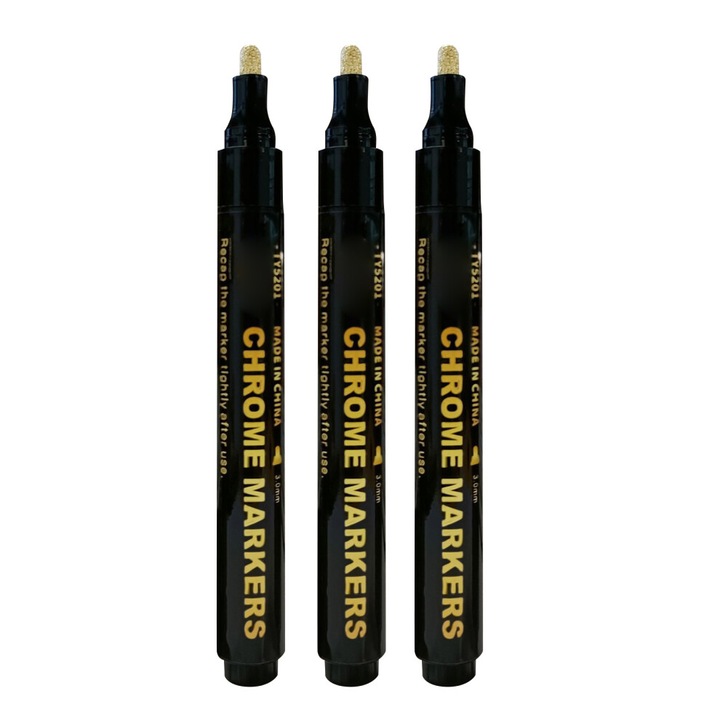 3 darab króm marker készlet, 0.7mm 1mm 3mm hegy, arany ezüst réz, 14.5x3.7x1.6cm