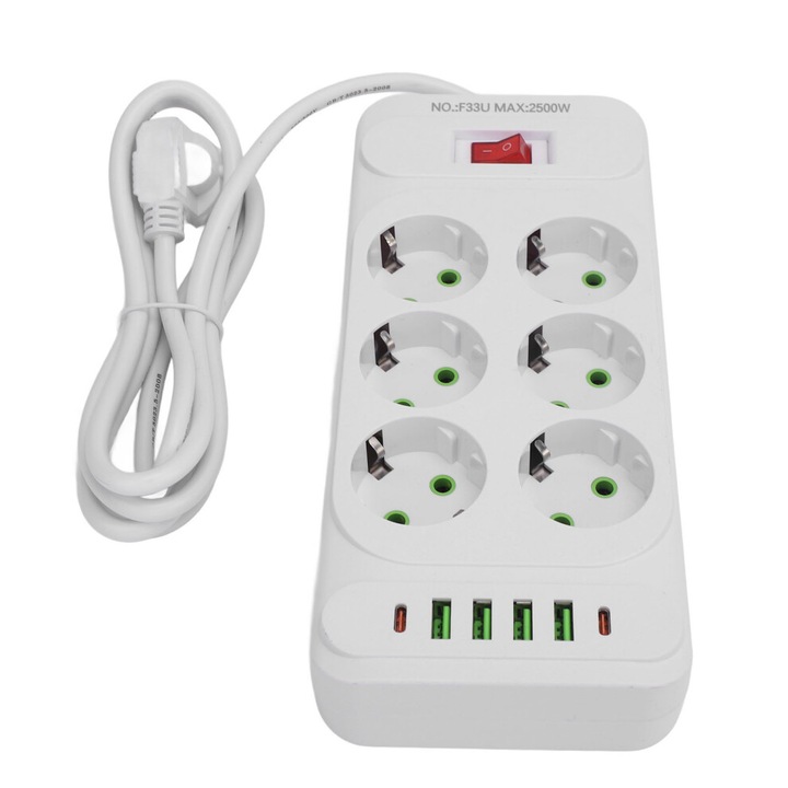 Prelungitor 12 in 1, 6 prize, 6 porturi USB, alb, 23.7x10.5x3.6cm