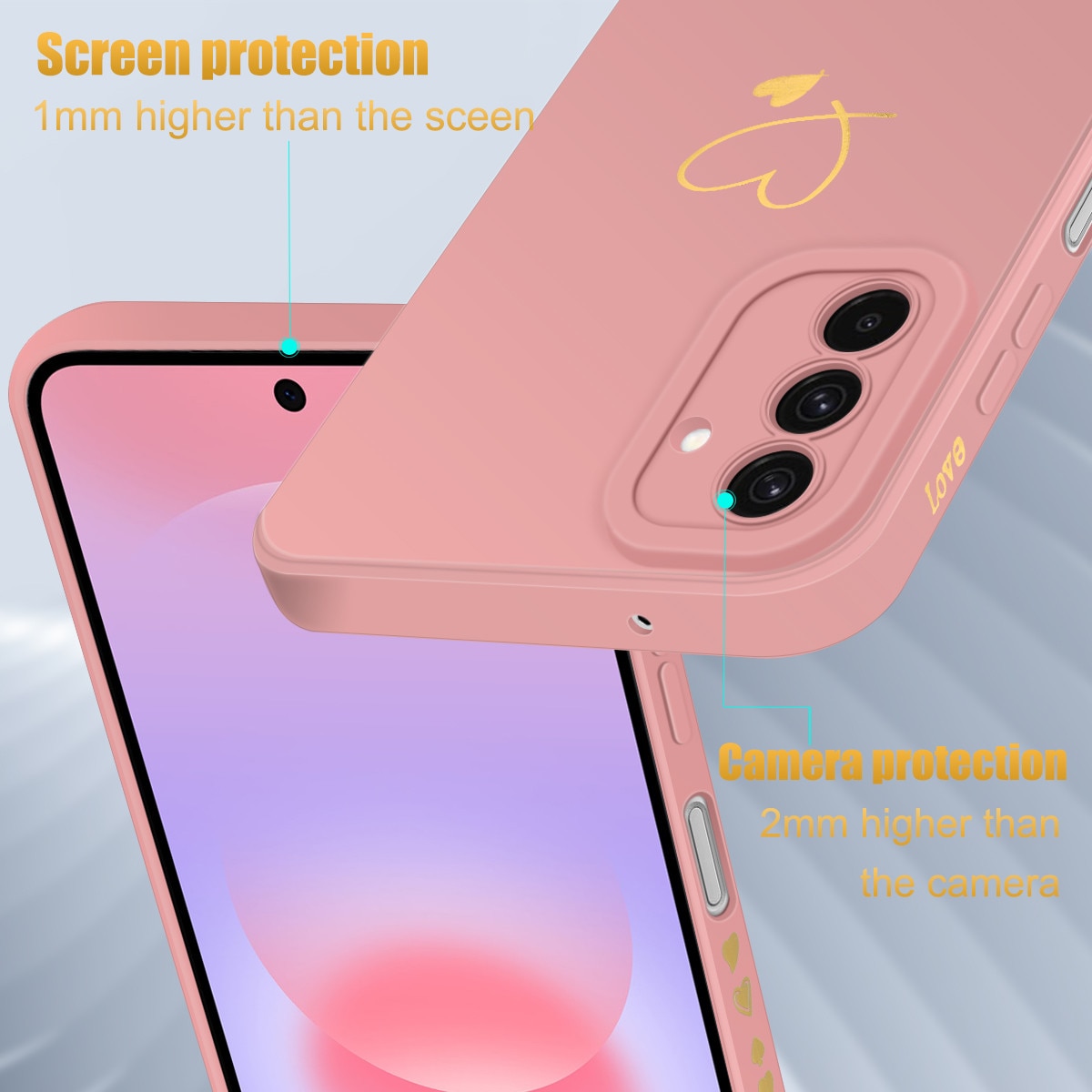 Husa compatibila cu Samsung Galaxy A27 5G cu 3 folii de protectie din sticla securizata, carcasa moale din TPU Roz