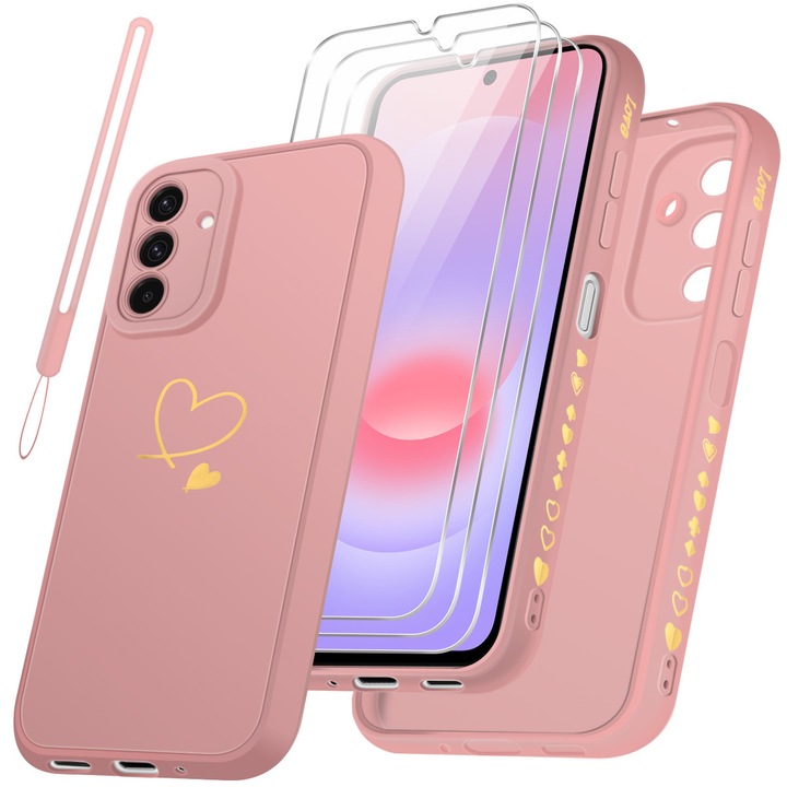 Husa compatibila cu Samsung Galaxy A27 5G cu 3 folii de protectie din sticla securizata, carcasa moale din TPU Roz