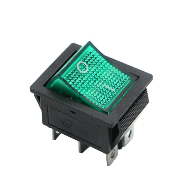 Zöld megvilágított billenőkapcsoló 16A 250V 31x25x35mm