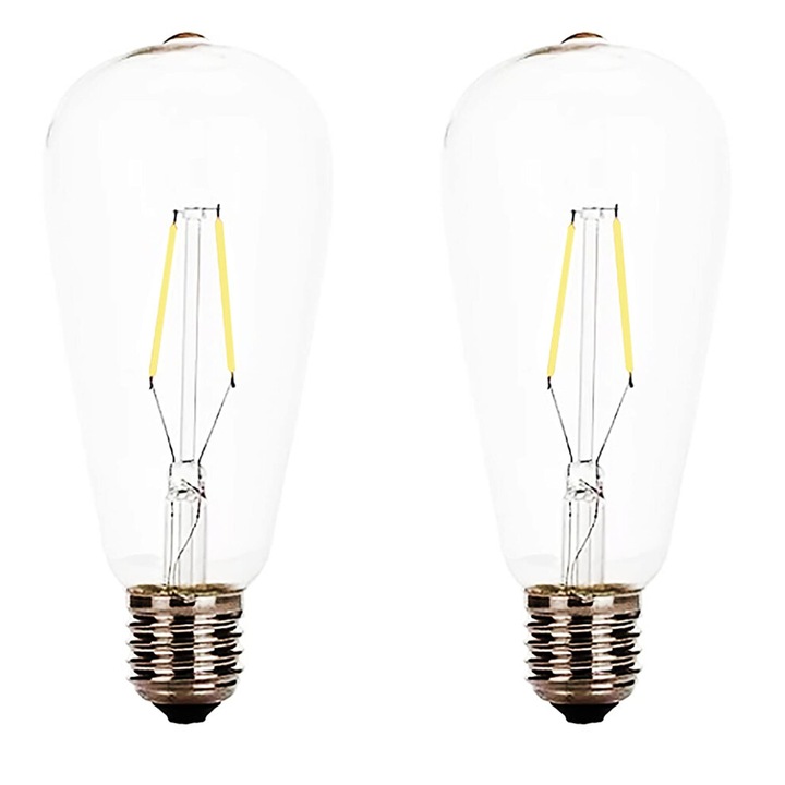 Bec LED filament vintage ST64, 2W, hideg fehér, E26, 2 db-os szett
