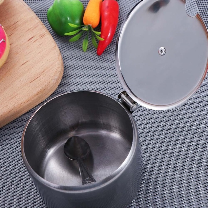 Rozsdamentes acél cukortartó fedővel és kanállal, 9.5cm, ezüst