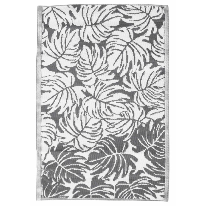 Covor de exterior 160x230 VESPER, gri cu alb si frunze, pentru balcon sau terasa