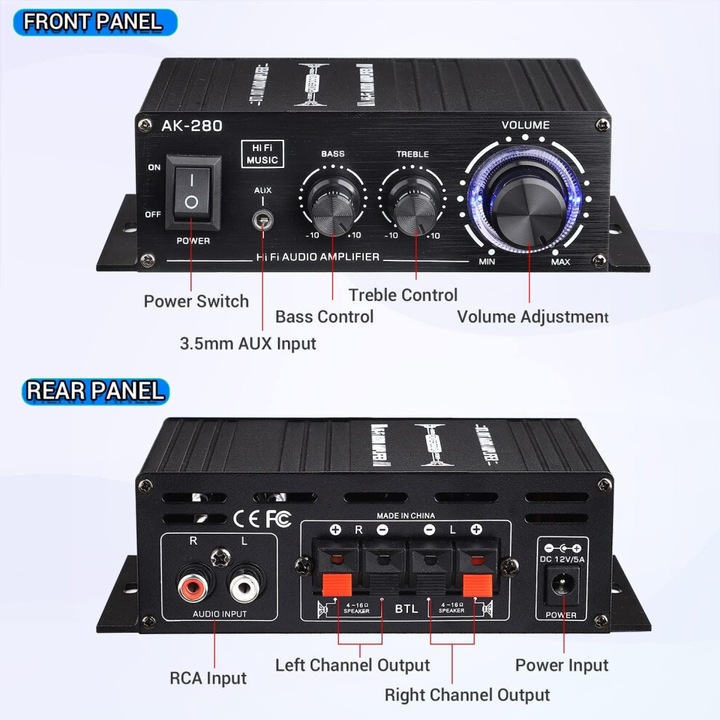 Mini kettős csatornás audio erősítő 40W, mély- és magas hangszín szabályzással, fekete, 15.6x7.8x4.7cm