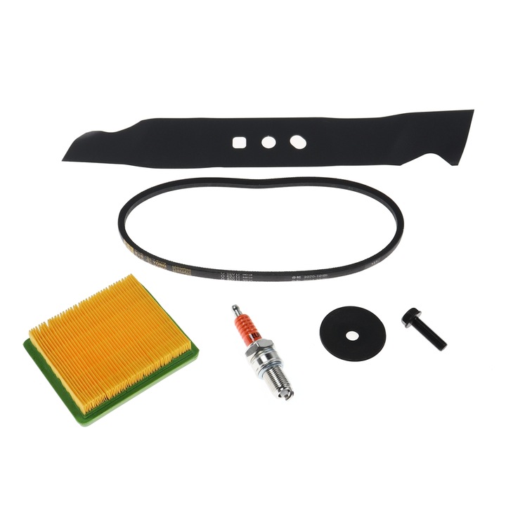 Kit consumabile masina de tuns gazon Ruris, cutit mulching, bujie, filtru aer, curea, surub, intretinere periodica masina tuns gazon, compatibil DAC 109XL