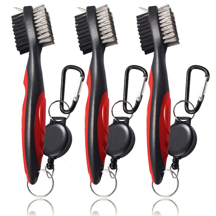 Perie curatare crose golf set 3 piese, dubla perie, rosu, 2ft cablu retractabil