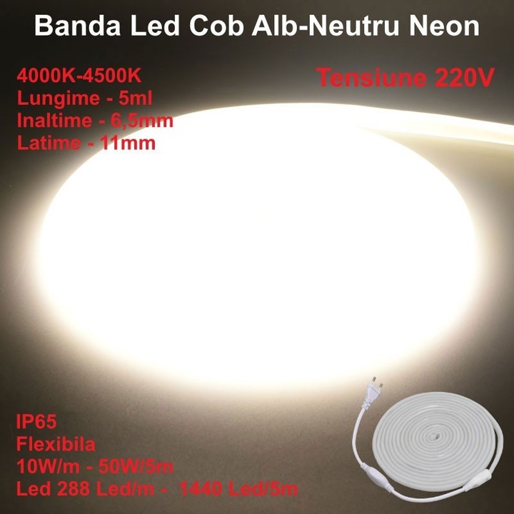 LED COB Szalag Fehér-Semleges 4000K Neon Flex - 288led/m - IP65 / 220V - 10W/ml / 5ml Tekercs