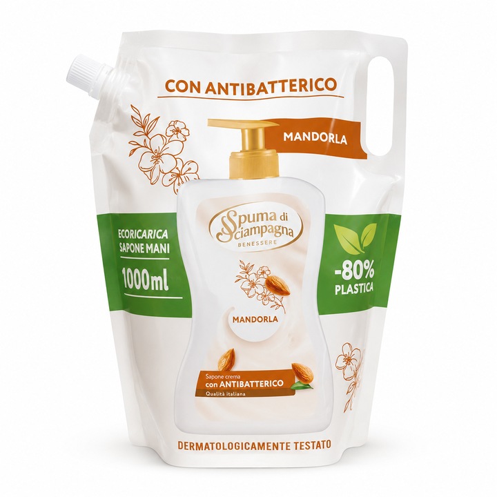 Rezerva sapun lichid pentru maini Spuma di Sciampagna Benessere, Mandorla, cu antibacterian, 1300 ml