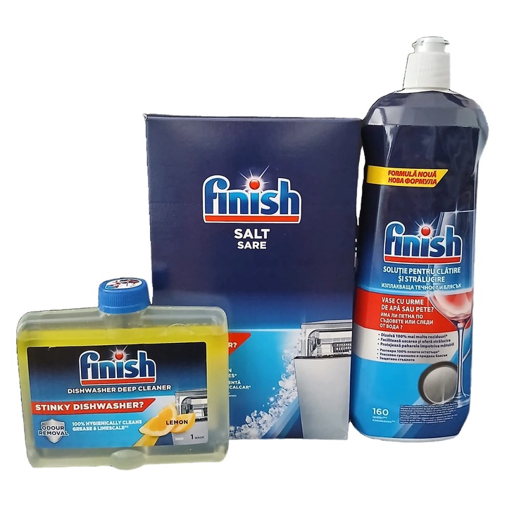 Set Finish 3 in 1 pentru Masina de Spalat Vase: Solutie Clatire si Stralucire 800ml (160 spalari) + Sare + Dezinfectant Profund Lemon